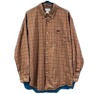 Carhartt Long Sleeved Orange Brown Plaid Button Up Shirt Leather Patch Men XL